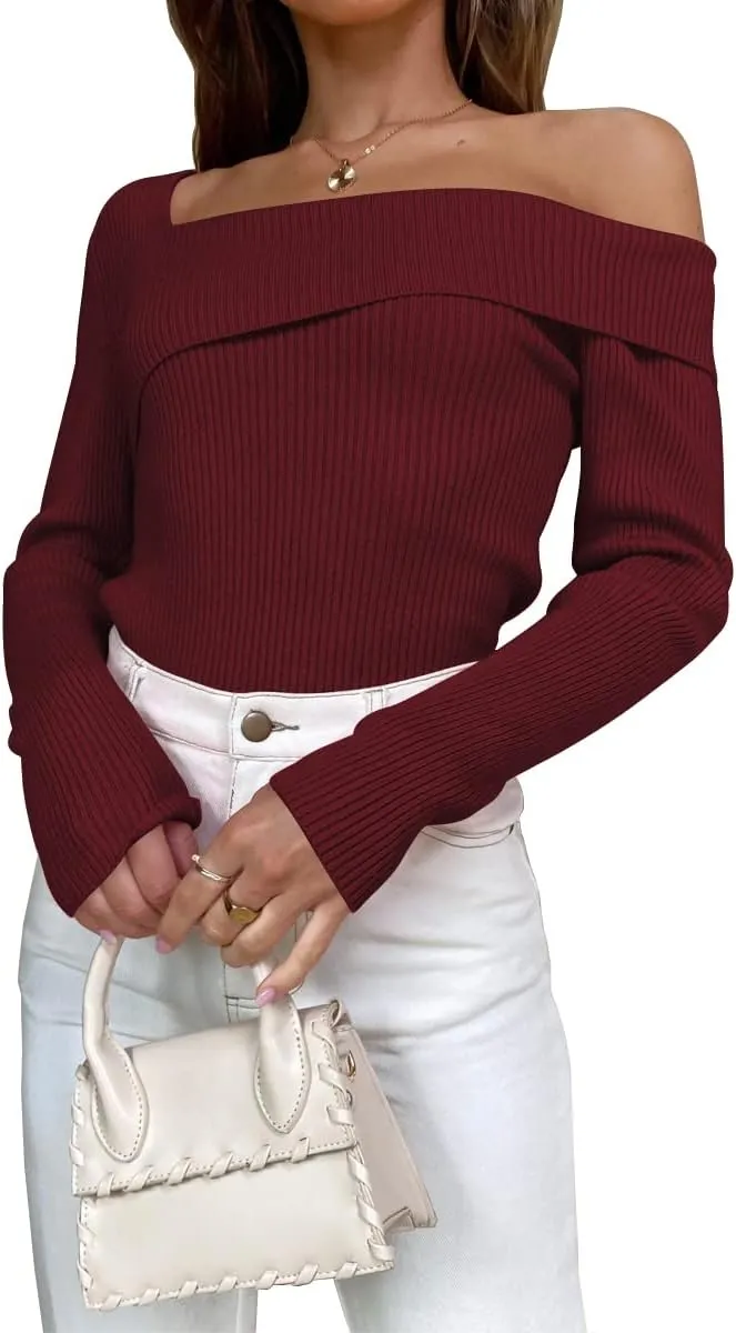 LILLUSORY Womens Off The Shoulder Going Out Sweaters Fall Sexy Cute Trendy Long Sleeve Knit Pullover Clothes Tops 2025