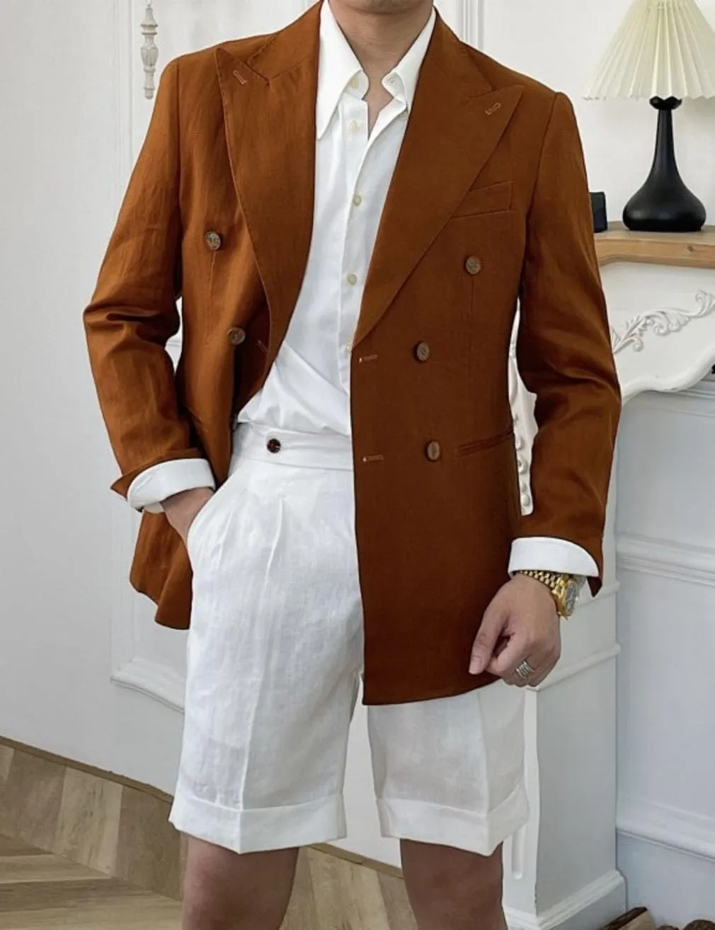 Linen Double Breasted Blazer for Men Fashion Peak Lapel Jacket Slim Fit Business Casual Sport Coats