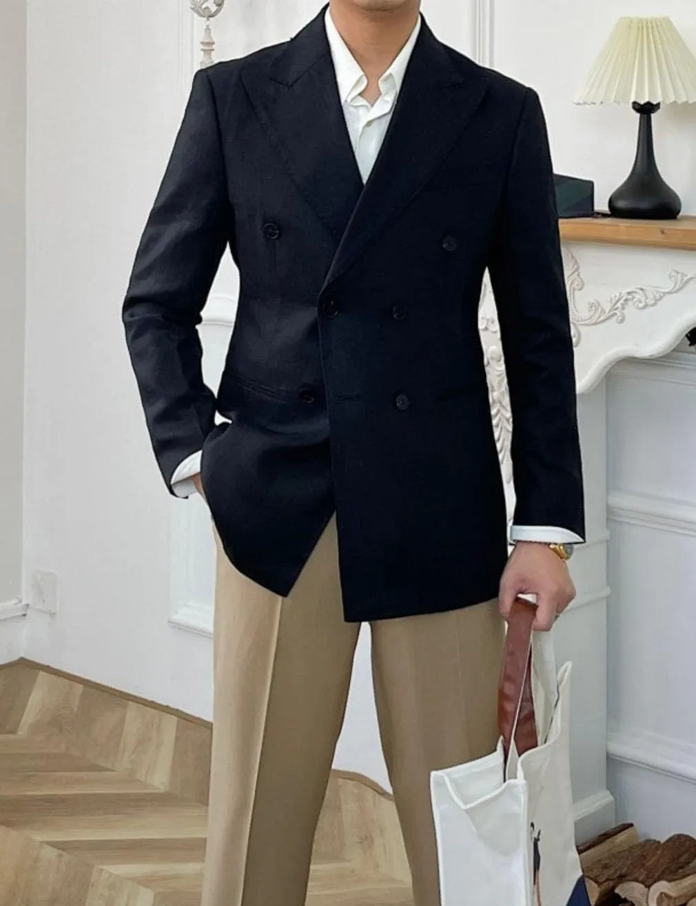 Linen Double Breasted Blazer for Men Fashion Peak Lapel Jacket Slim Fit Business Casual Sport Coats