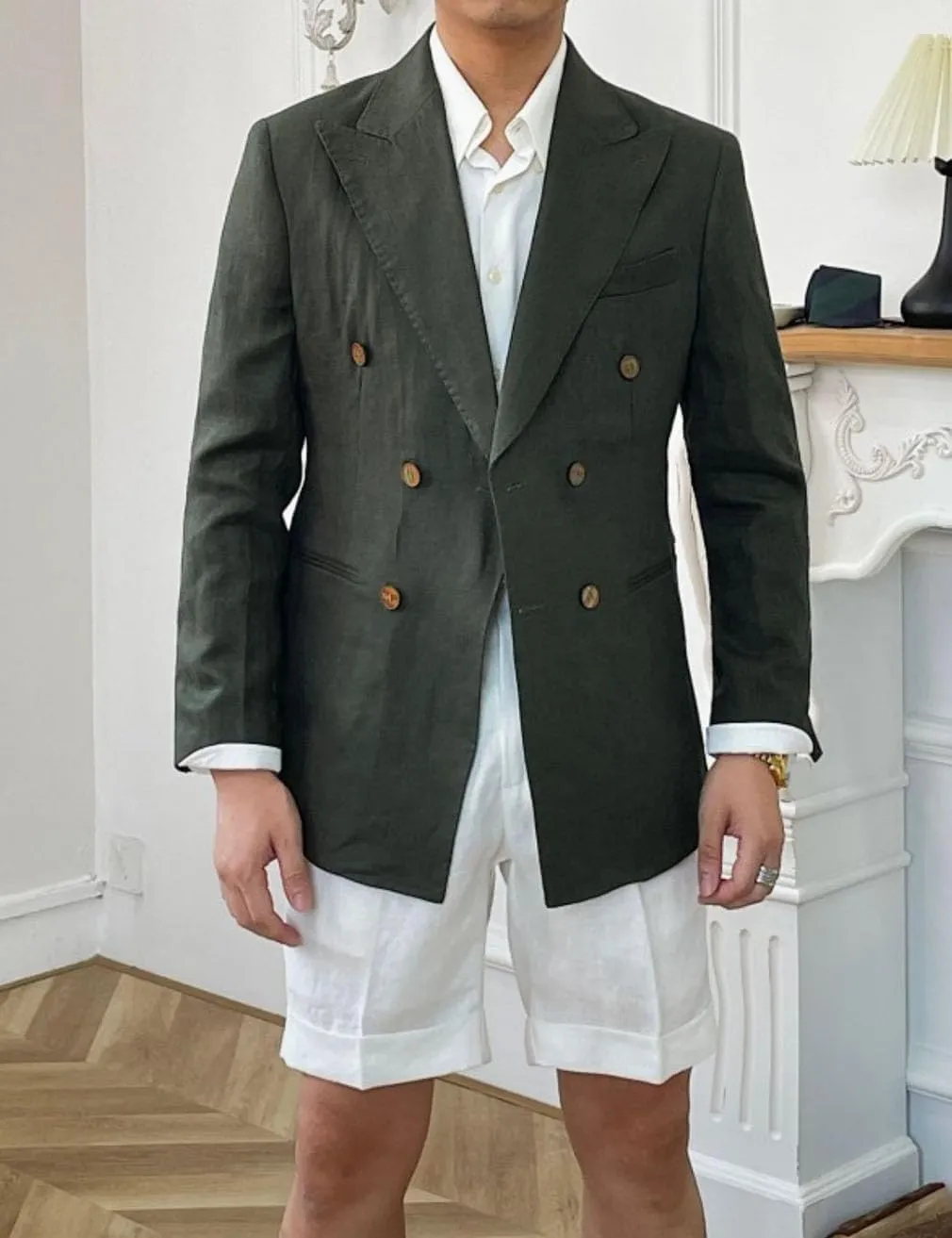 Linen Double Breasted Blazer for Men Fashion Peak Lapel Jacket Slim Fit Business Casual Sport Coats