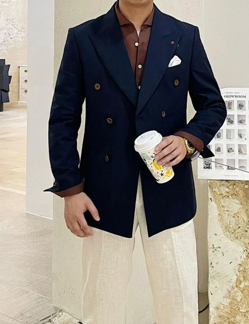 Linen Double Breasted Blazer for Men Fashion Peak Lapel Jacket Slim Fit Business Casual Sport Coats