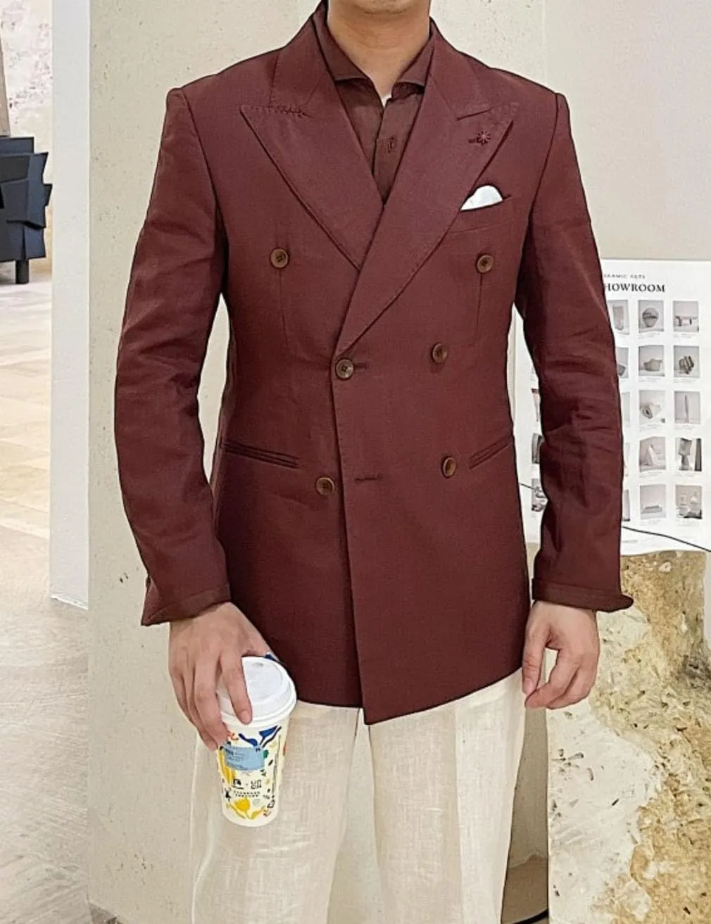 Linen Double Breasted Blazer for Men Fashion Peak Lapel Jacket Slim Fit Business Casual Sport Coats