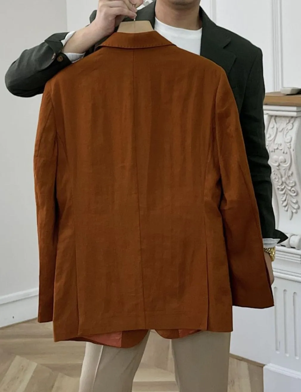 Linen Double Breasted Blazer for Men Fashion Peak Lapel Jacket Slim Fit Business Casual Sport Coats