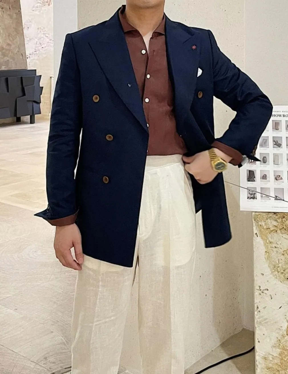 Linen Double Breasted Blazer for Men Fashion Peak Lapel Jacket Slim Fit Business Casual Sport Coats