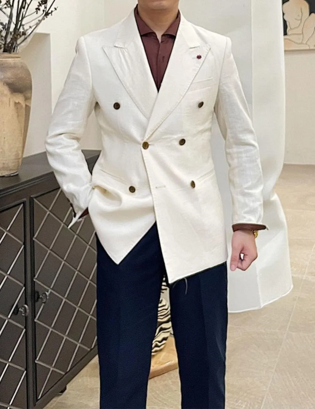 Linen Double Breasted Blazer for Men Fashion Peak Lapel Jacket Slim Fit Business Casual Sport Coats