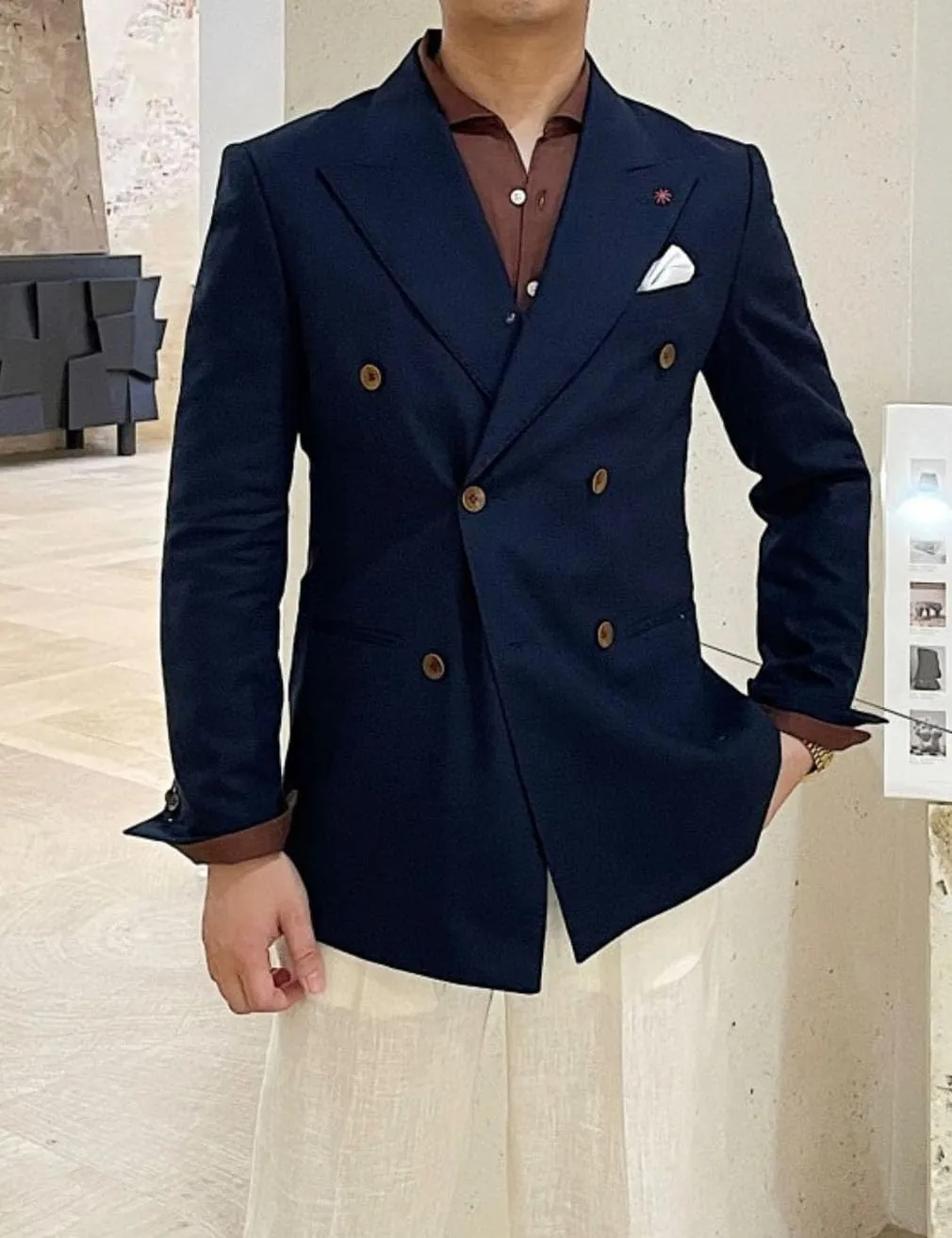 Linen Double Breasted Blazer for Men Fashion Peak Lapel Jacket Slim Fit Business Casual Sport Coats
