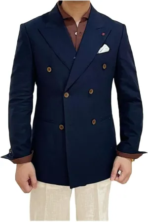 Linen Double Breasted Blazer for Men Fashion Peak Lapel Jacket Slim Fit Business Casual Sport Coats