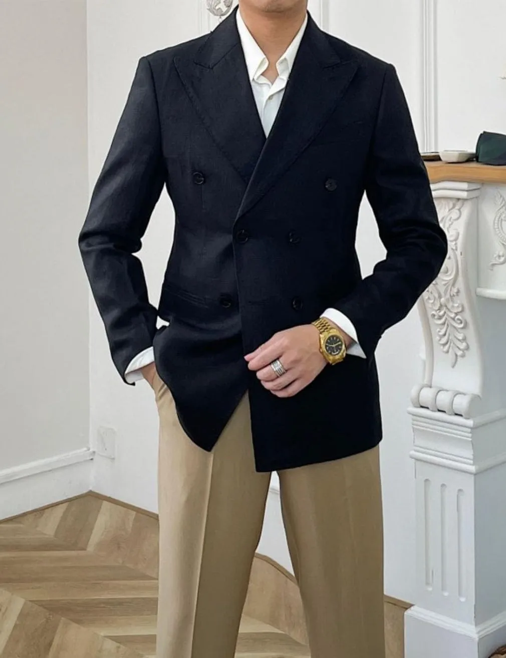 Linen Double Breasted Blazer for Men Fashion Peak Lapel Jacket Slim Fit Business Casual Sport Coats