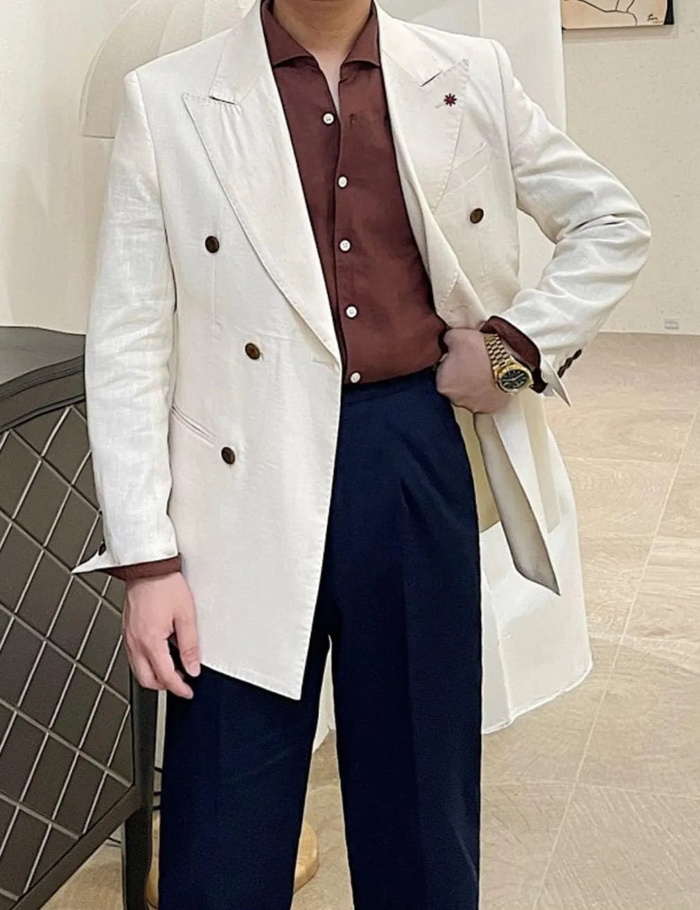 Linen Double Breasted Blazer for Men Fashion Peak Lapel Jacket Slim Fit Business Casual Sport Coats