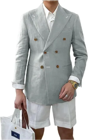 Linen Double Breasted Blazer for Men Fashion Peak Lapel Jacket Slim Fit Business Casual Sport Coats