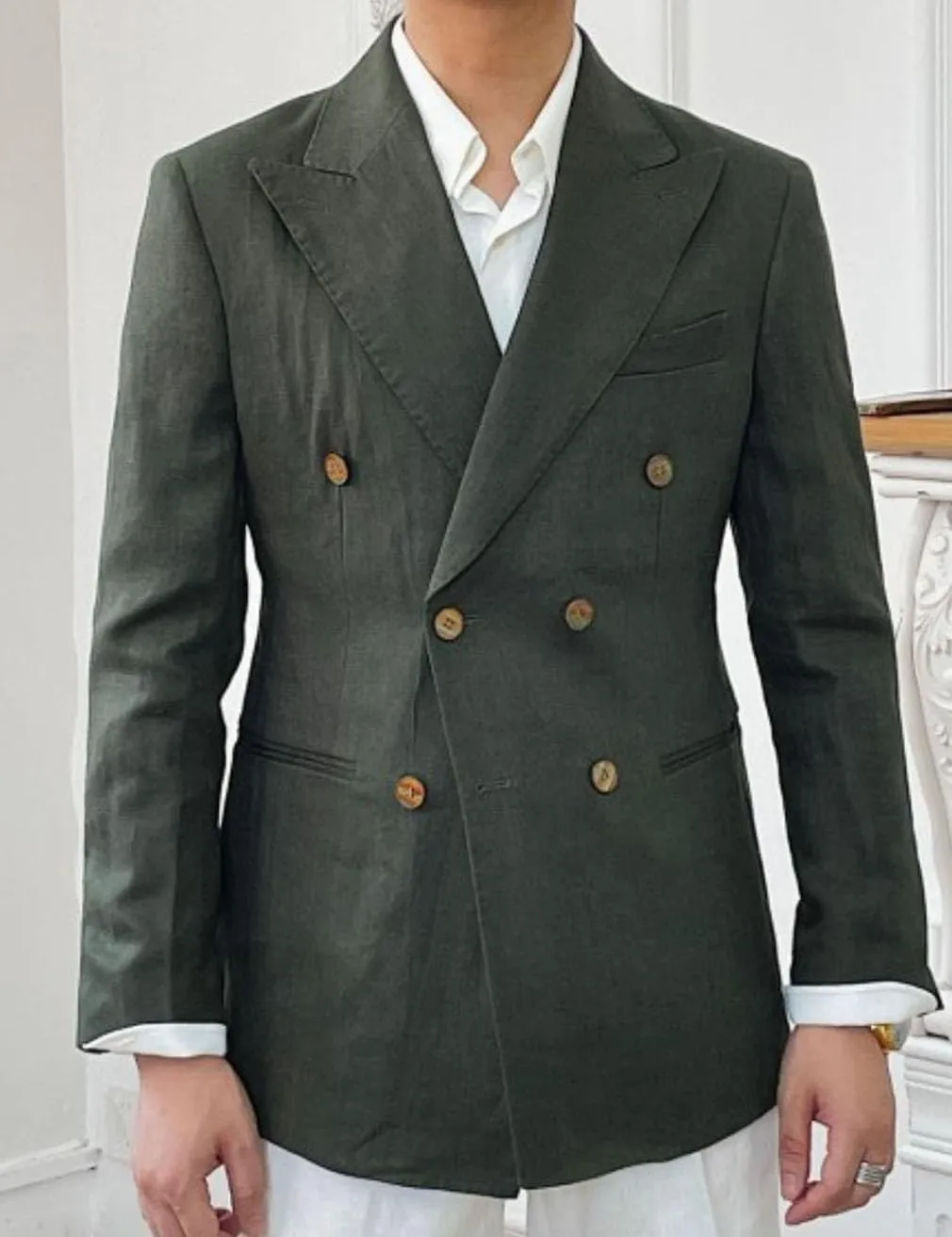 Linen Double Breasted Blazer for Men Fashion Peak Lapel Jacket Slim Fit Business Casual Sport Coats