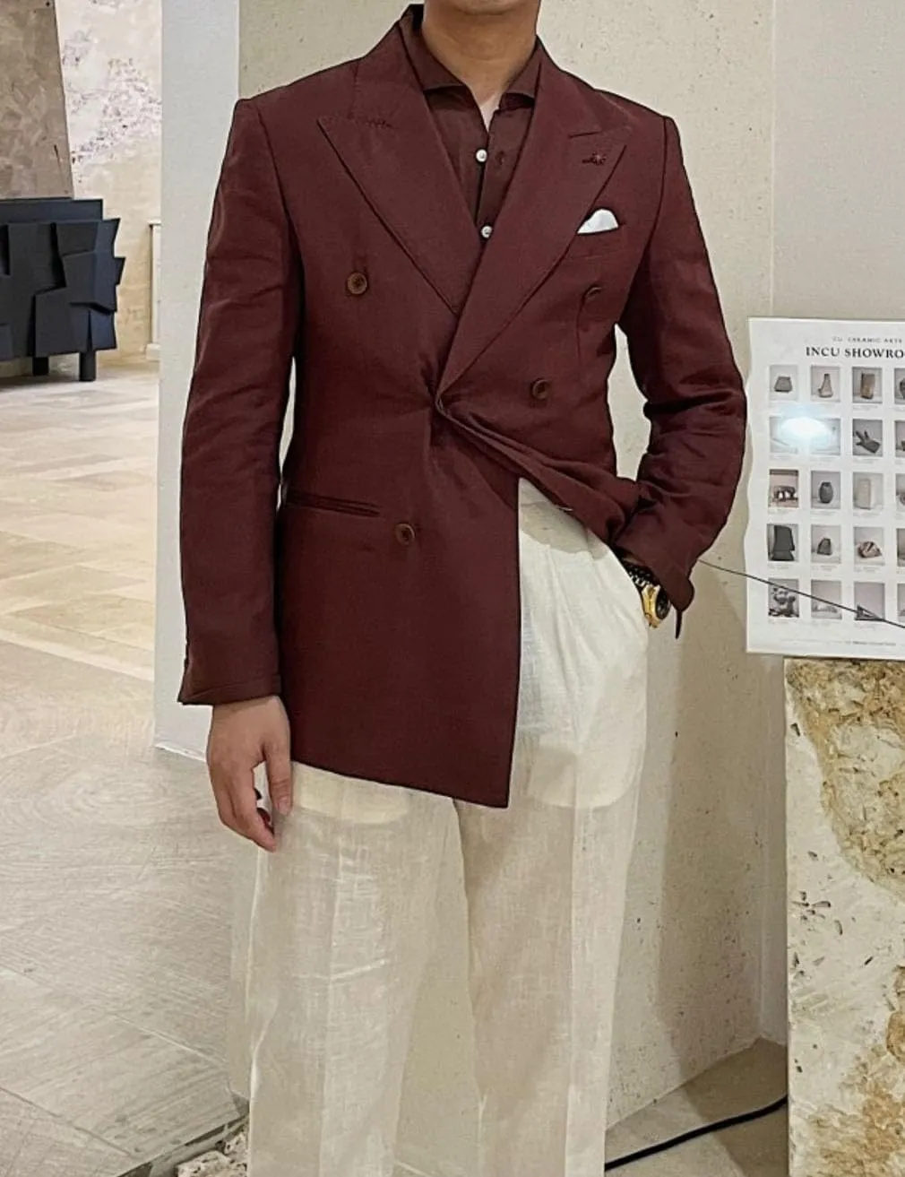 Linen Double Breasted Blazer for Men Fashion Peak Lapel Jacket Slim Fit Business Casual Sport Coats