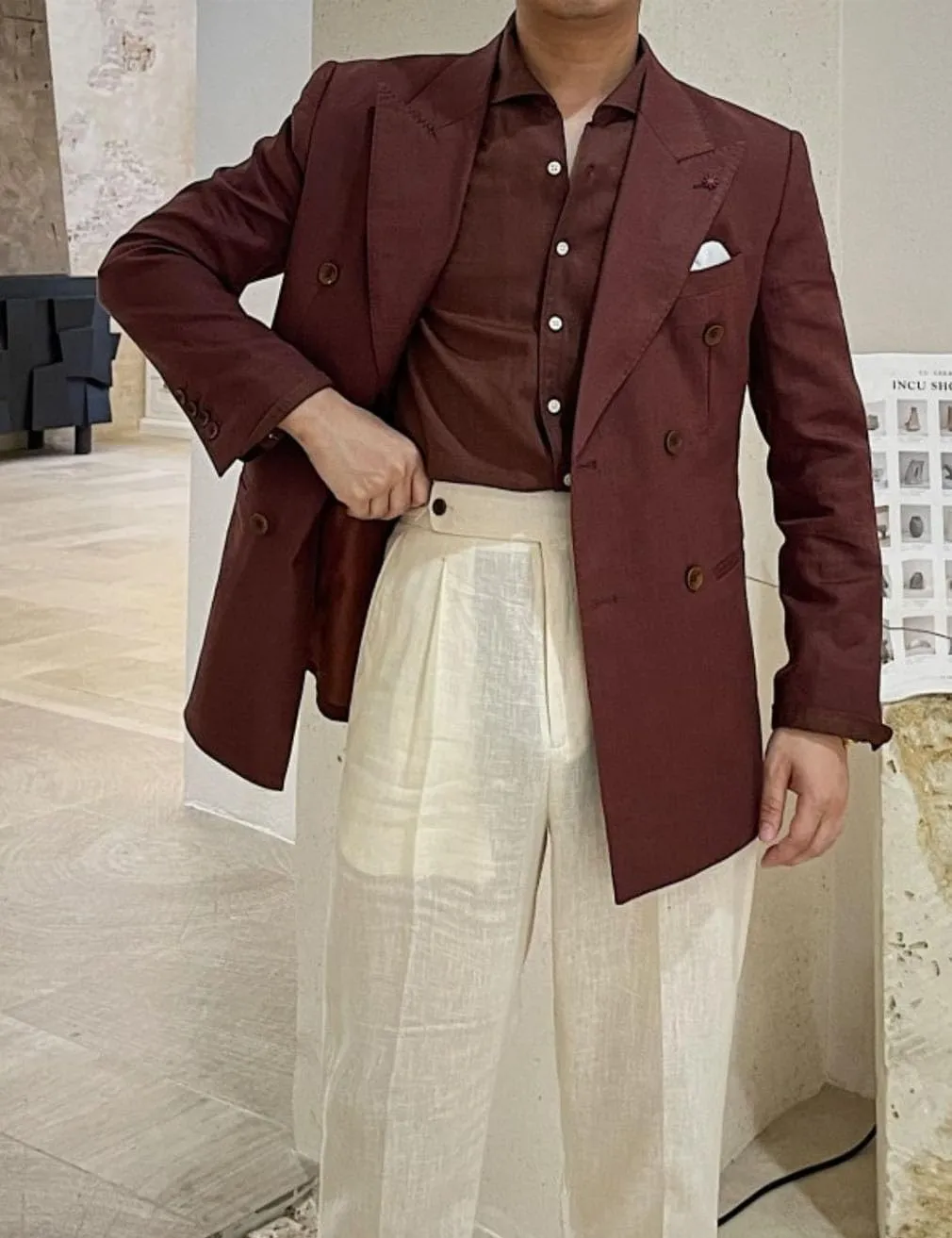 Linen Double Breasted Blazer for Men Fashion Peak Lapel Jacket Slim Fit Business Casual Sport Coats