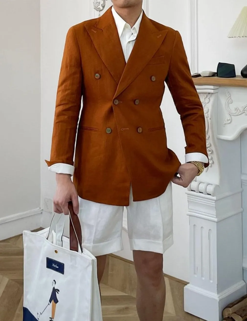 Linen Double Breasted Blazer for Men Fashion Peak Lapel Jacket Slim Fit Business Casual Sport Coats