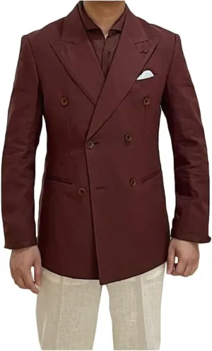 Linen Double Breasted Blazer for Men Fashion Peak Lapel Jacket Slim Fit Business Casual Sport Coats