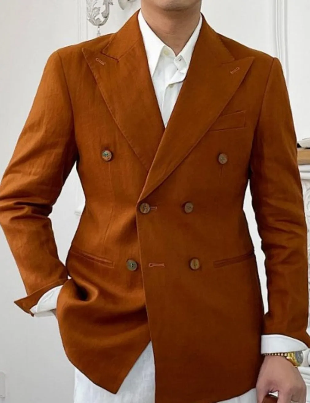 Linen Double Breasted Blazer for Men Fashion Peak Lapel Jacket Slim Fit Business Casual Sport Coats