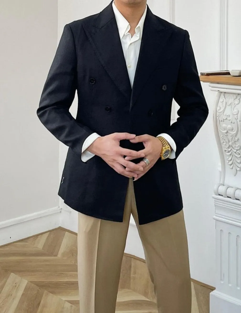 Linen Double Breasted Blazer for Men Fashion Peak Lapel Jacket Slim Fit Business Casual Sport Coats