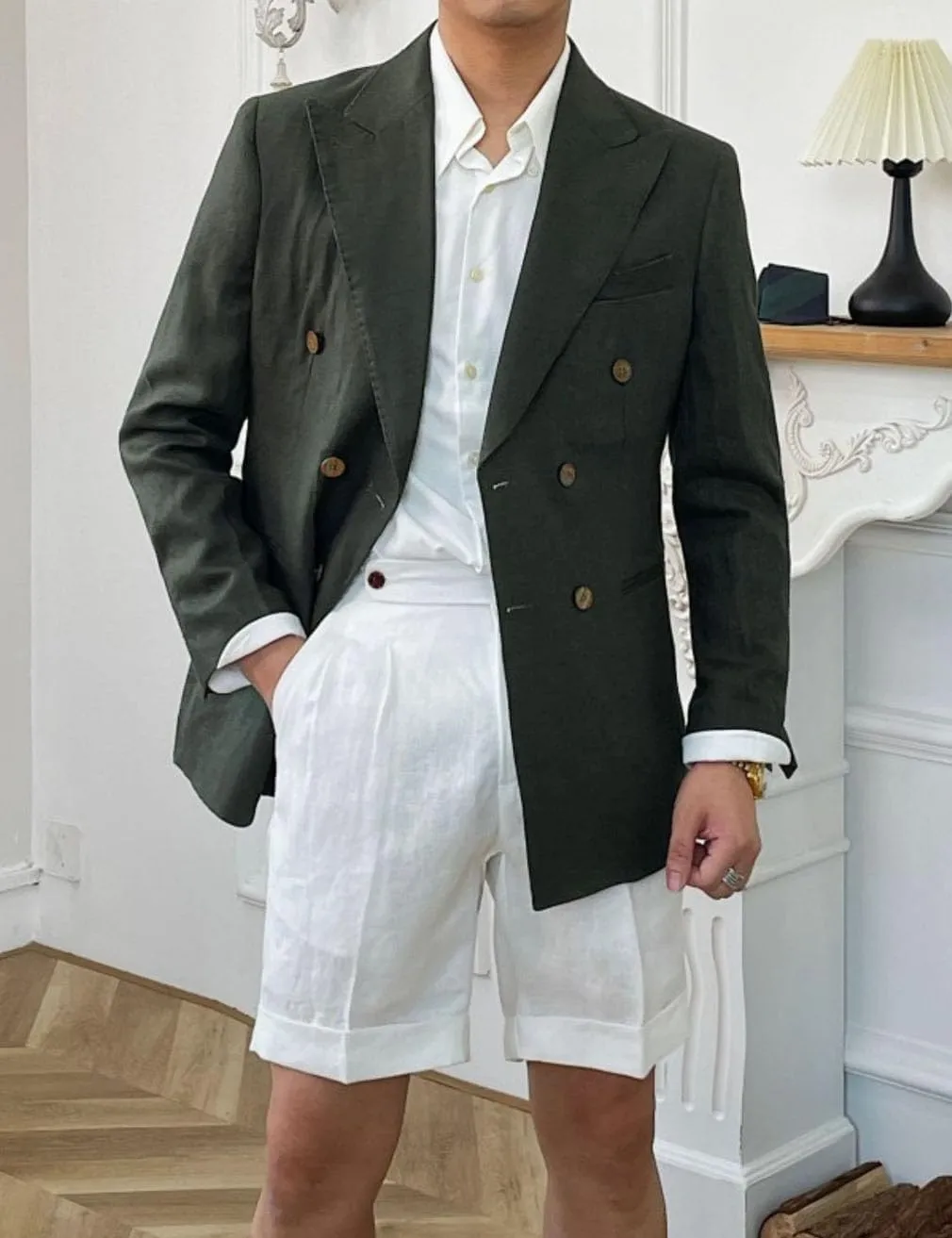 Linen Double Breasted Blazer for Men Fashion Peak Lapel Jacket Slim Fit Business Casual Sport Coats
