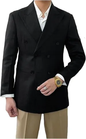 Linen Double Breasted Blazer for Men Fashion Peak Lapel Jacket Slim Fit Business Casual Sport Coats