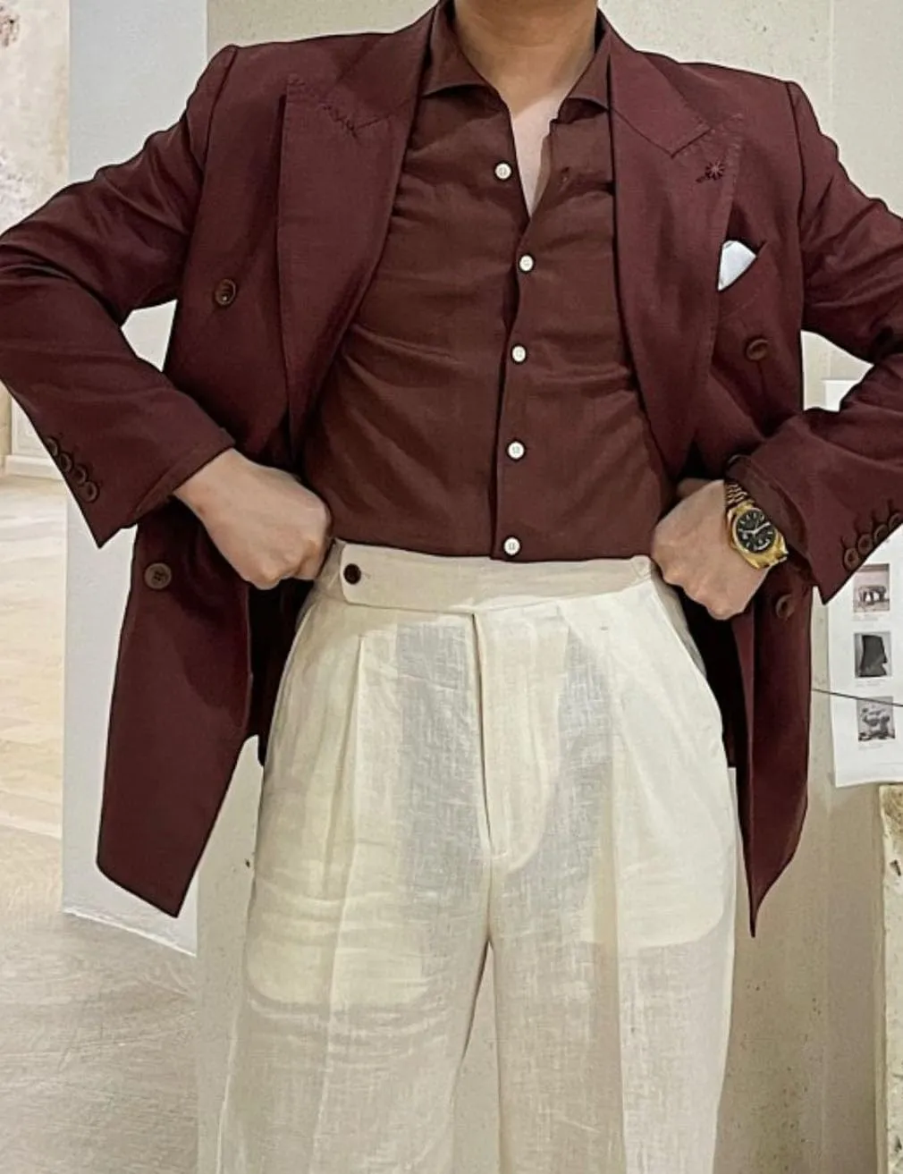 Linen Double Breasted Blazer for Men Fashion Peak Lapel Jacket Slim Fit Business Casual Sport Coats