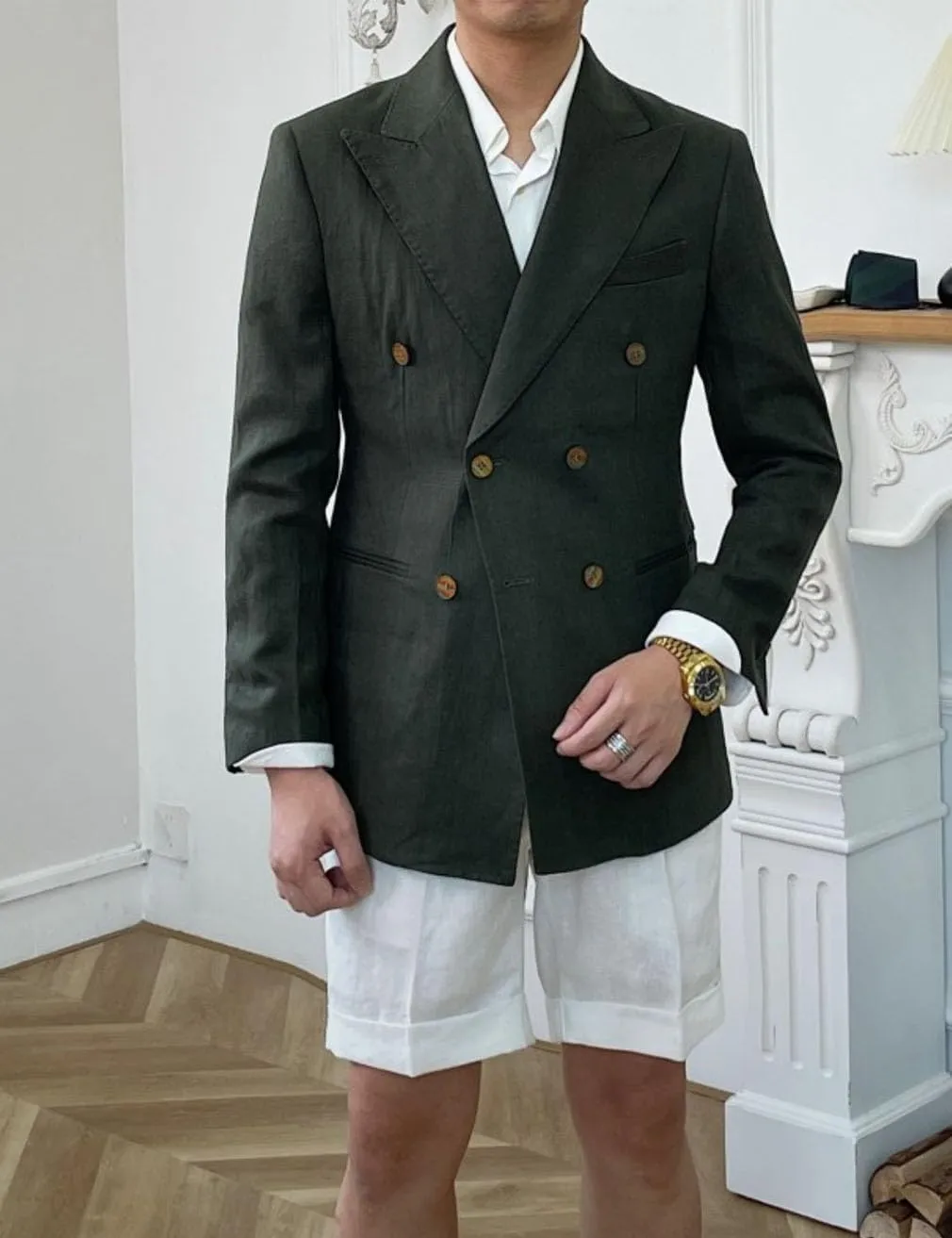Linen Double Breasted Blazer for Men Fashion Peak Lapel Jacket Slim Fit Business Casual Sport Coats