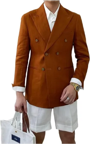 Linen Double Breasted Blazer for Men Fashion Peak Lapel Jacket Slim Fit Business Casual Sport Coats