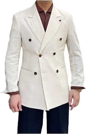 Linen Double Breasted Blazer for Men Fashion Peak Lapel Jacket Slim Fit Business Casual Sport Coats