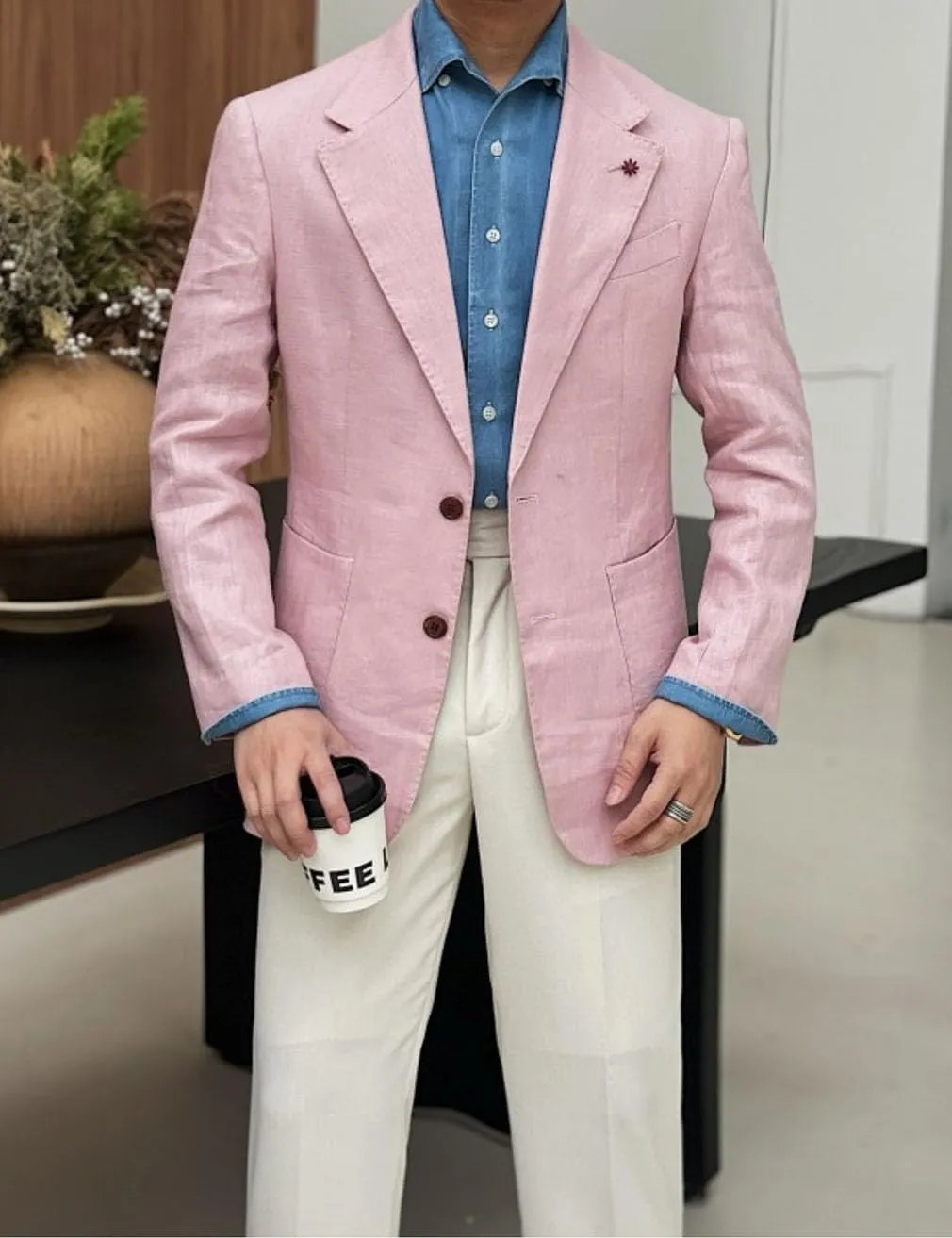 Linen Single Breasted Blazer for Men Slim Fit Notch Lapel Sport Coats Jacket for Business Wedding Prom