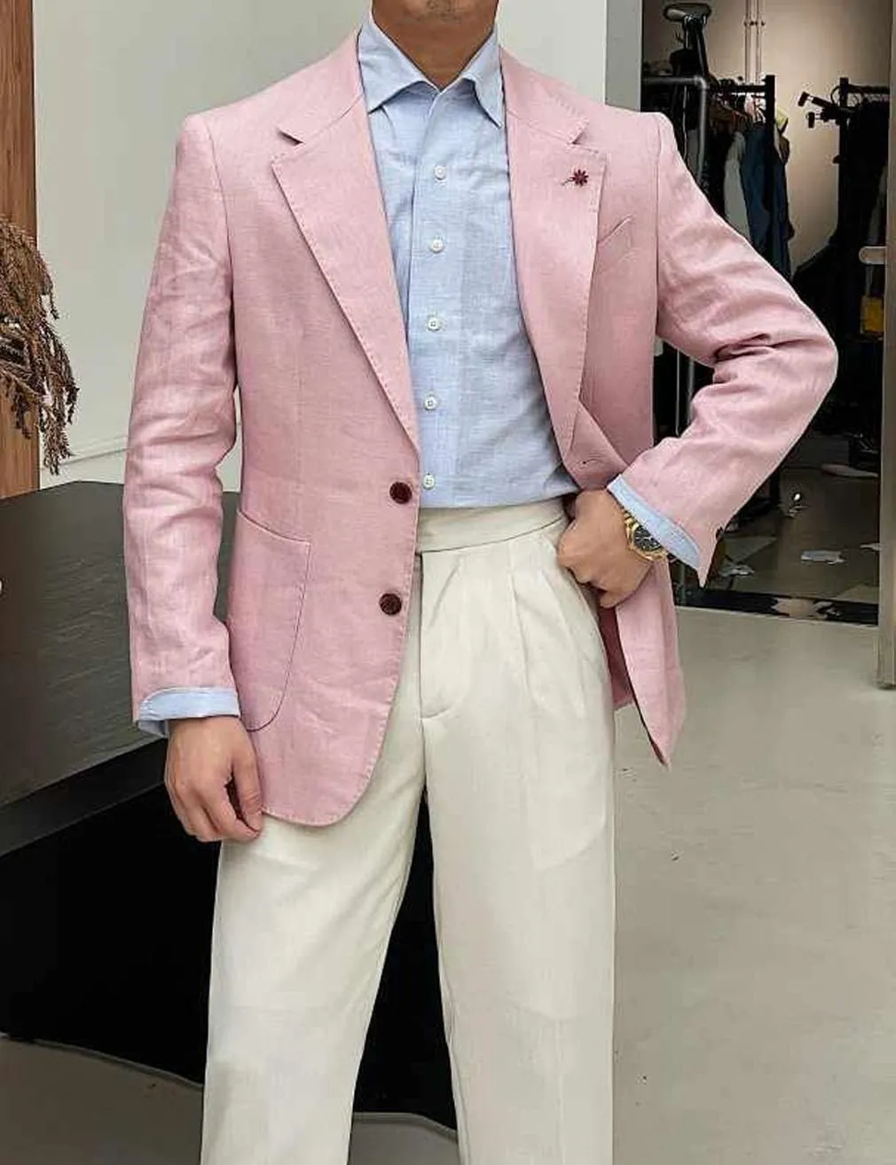 Linen Single Breasted Blazer for Men Slim Fit Notch Lapel Sport Coats Jacket for Business Wedding Prom