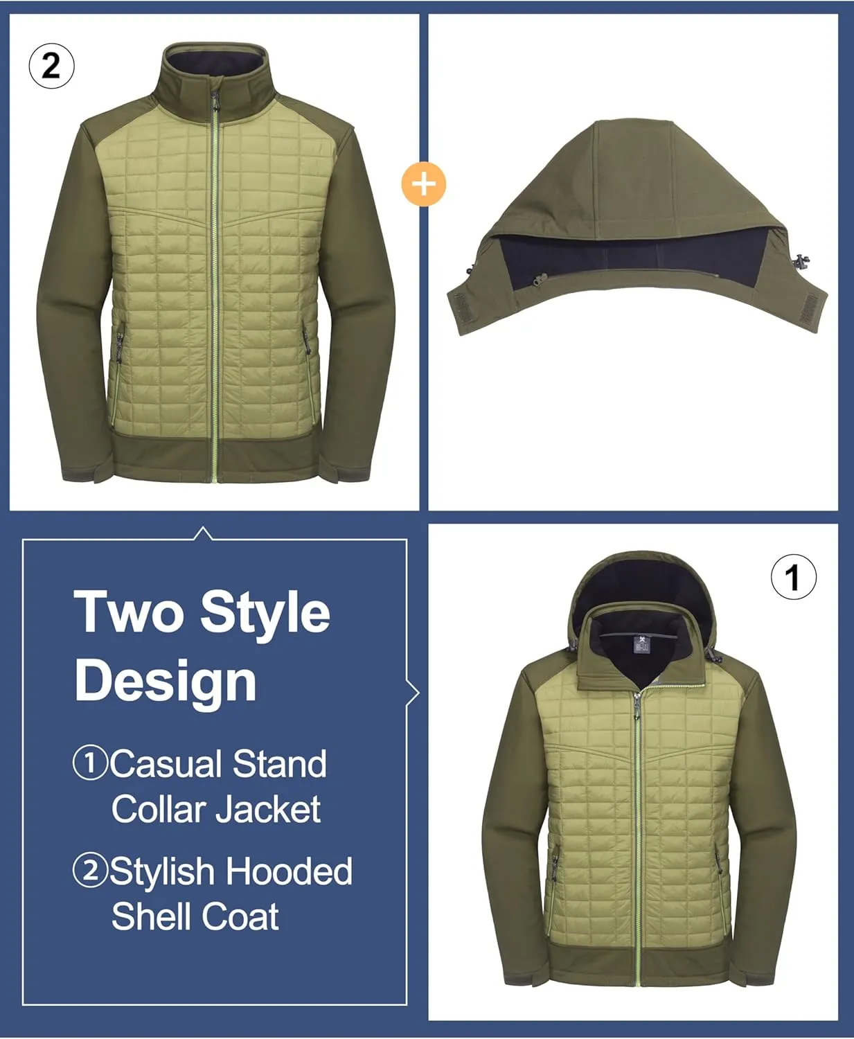 Little Donkey Andy Men's Lightweight Insulated Hybrid Jacket for Hiking Running Ski Thermal Warm with Removable Hood