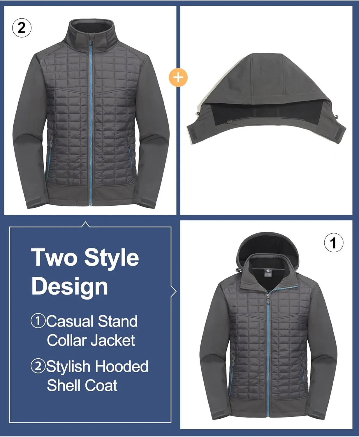 Little Donkey Andy Men's Lightweight Insulated Hybrid Jacket for Hiking Running Ski Thermal Warm with Removable Hood