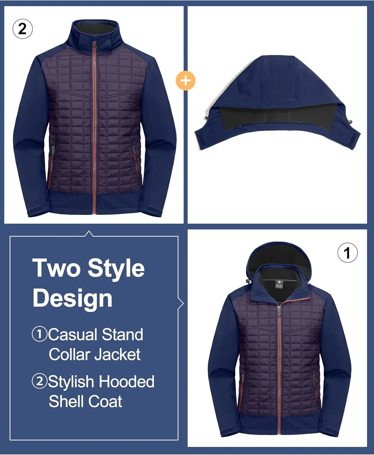 Little Donkey Andy Men's Lightweight Insulated Hybrid Jacket for Hiking Running Ski Thermal Warm with Removable Hood