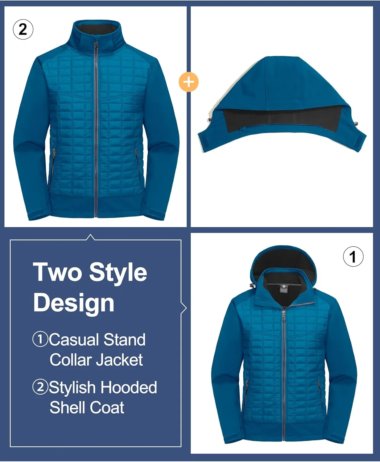 Little Donkey Andy Men's Lightweight Insulated Hybrid Jacket for Hiking Running Ski Thermal Warm with Removable Hood