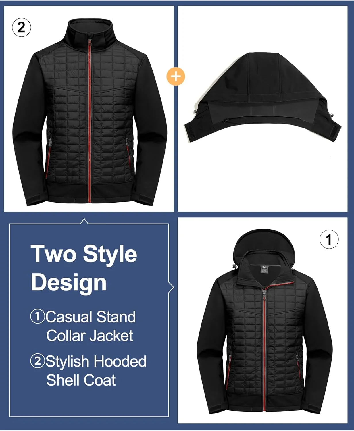 Little Donkey Andy Men's Lightweight Insulated Hybrid Jacket for Hiking Running Ski Thermal Warm with Removable Hood