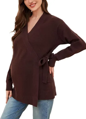 Liu & Qu Women's V-Neck Maternity Sweater Tops Tie Front Wrap Knit Maternity Shirts Pregnancy Clothes