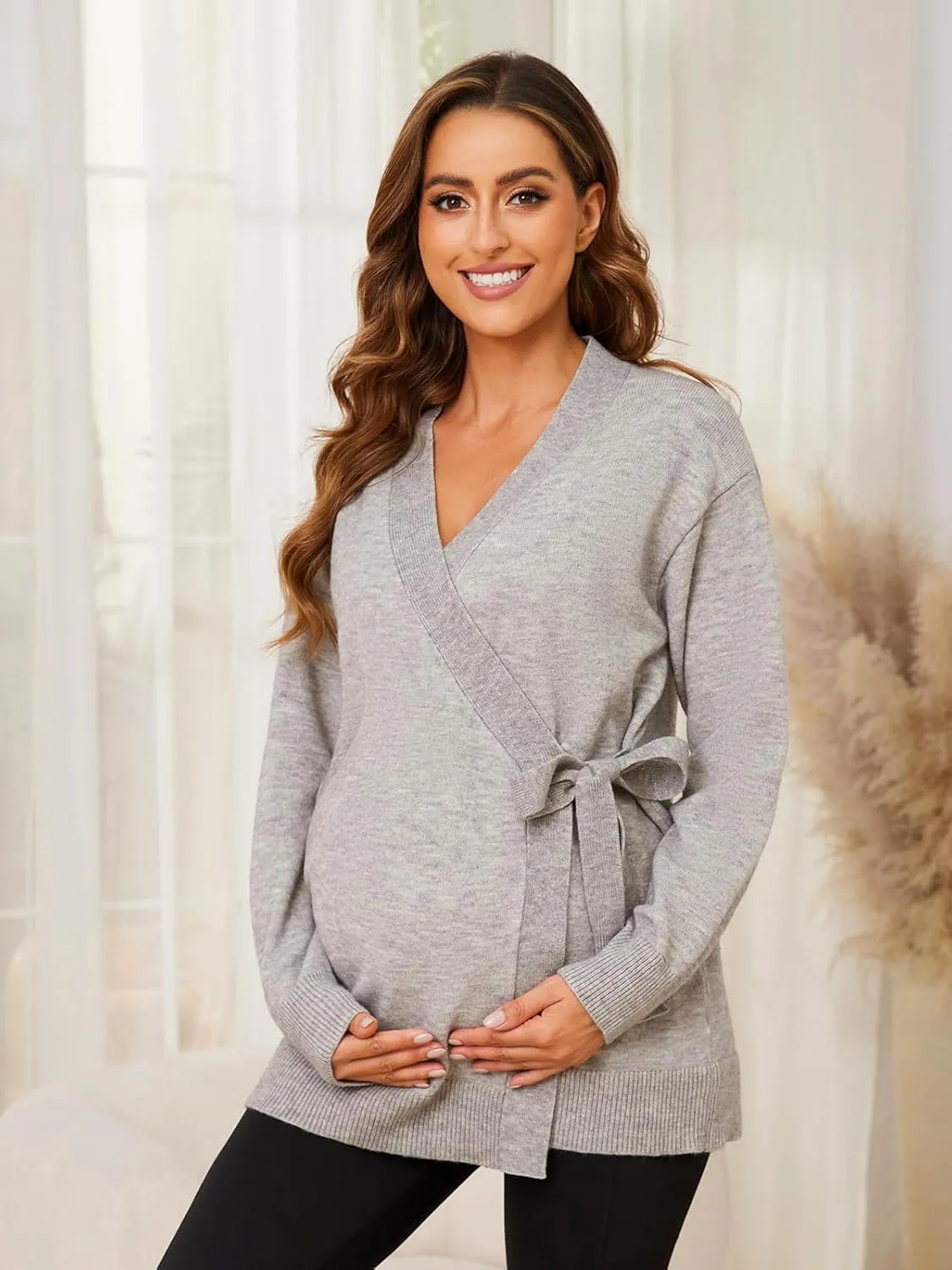 Liu & Qu Women's V-Neck Maternity Sweater Tops Tie Front Wrap Knit Maternity Shirts Pregnancy Clothes