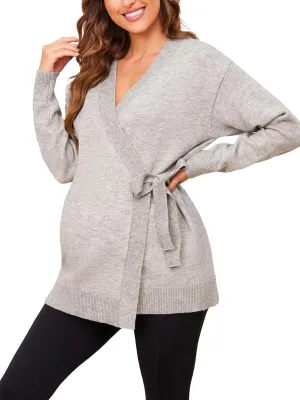 Liu & Qu Women's V-Neck Maternity Sweater Tops Tie Front Wrap Knit Maternity Shirts Pregnancy Clothes