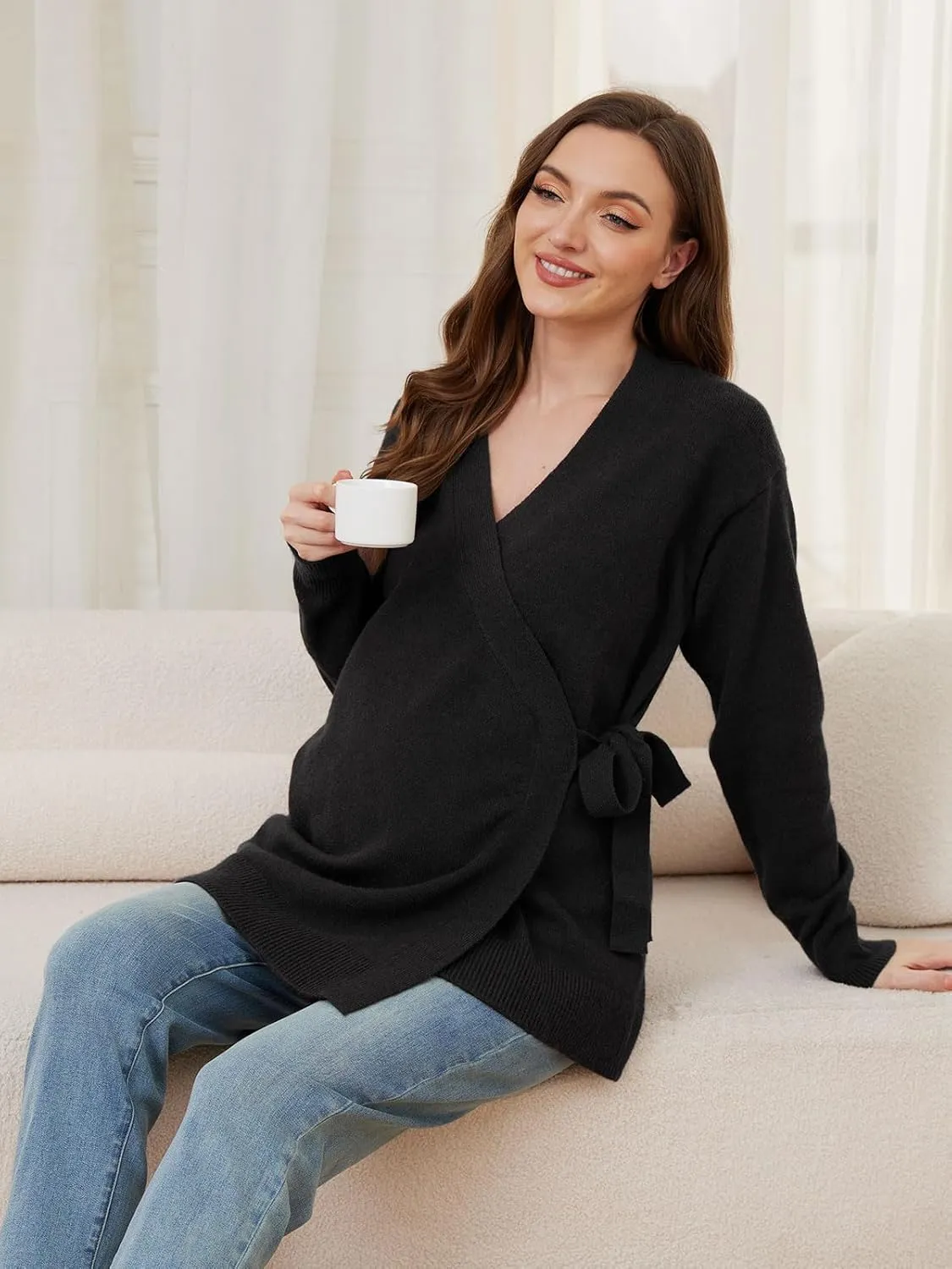Liu & Qu Women's V-Neck Maternity Sweater Tops Tie Front Wrap Knit Maternity Shirts Pregnancy Clothes