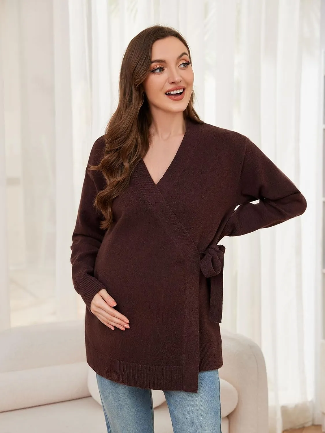 Liu & Qu Women's V-Neck Maternity Sweater Tops Tie Front Wrap Knit Maternity Shirts Pregnancy Clothes