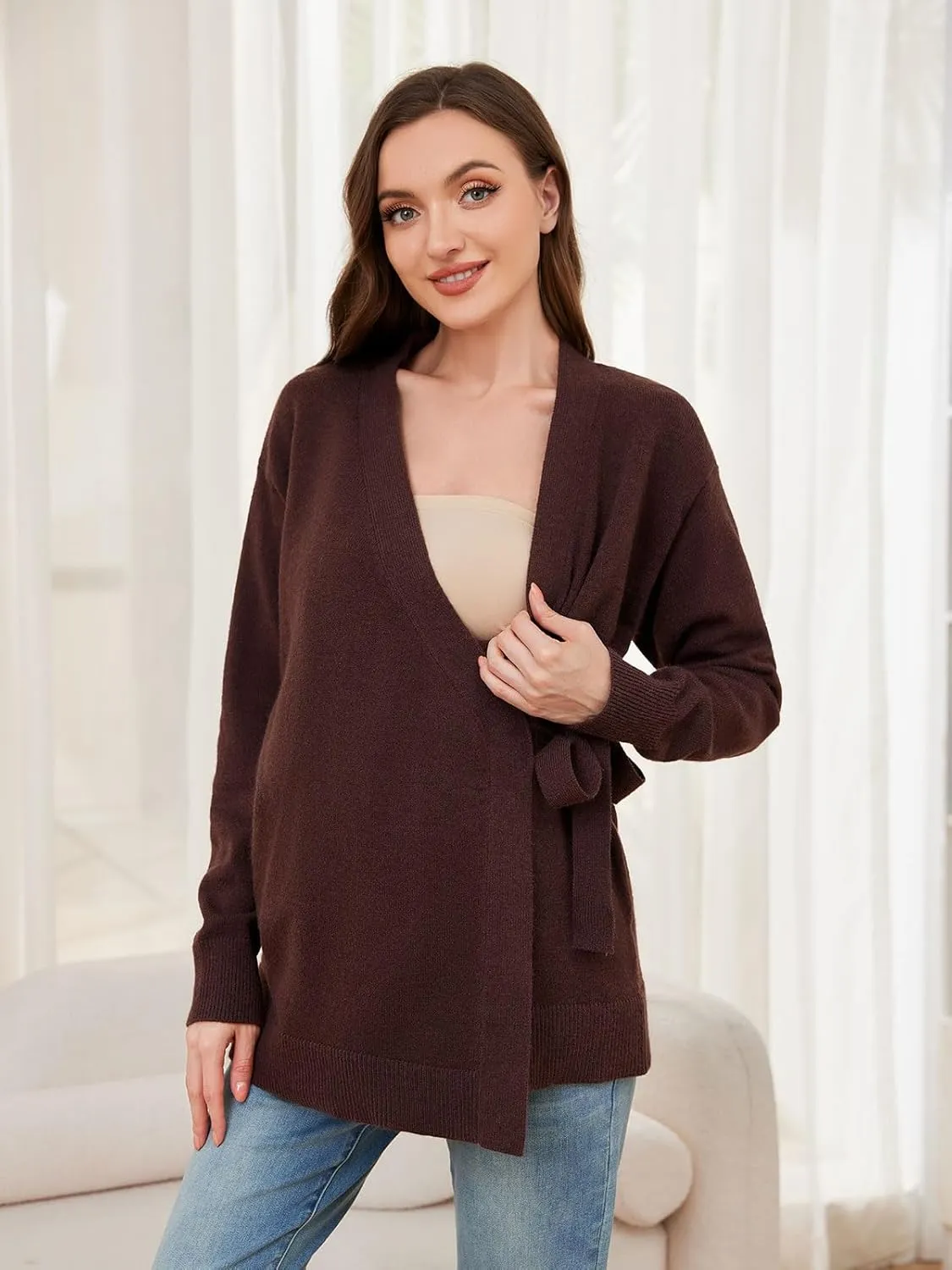 Liu & Qu Women's V-Neck Maternity Sweater Tops Tie Front Wrap Knit Maternity Shirts Pregnancy Clothes