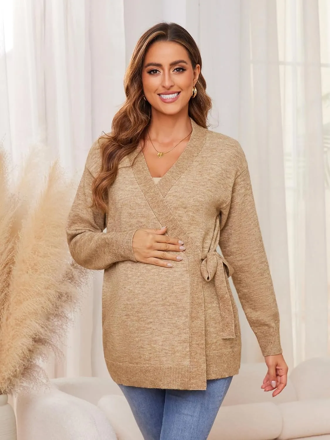 Liu & Qu Women's V-Neck Maternity Sweater Tops Tie Front Wrap Knit Maternity Shirts Pregnancy Clothes