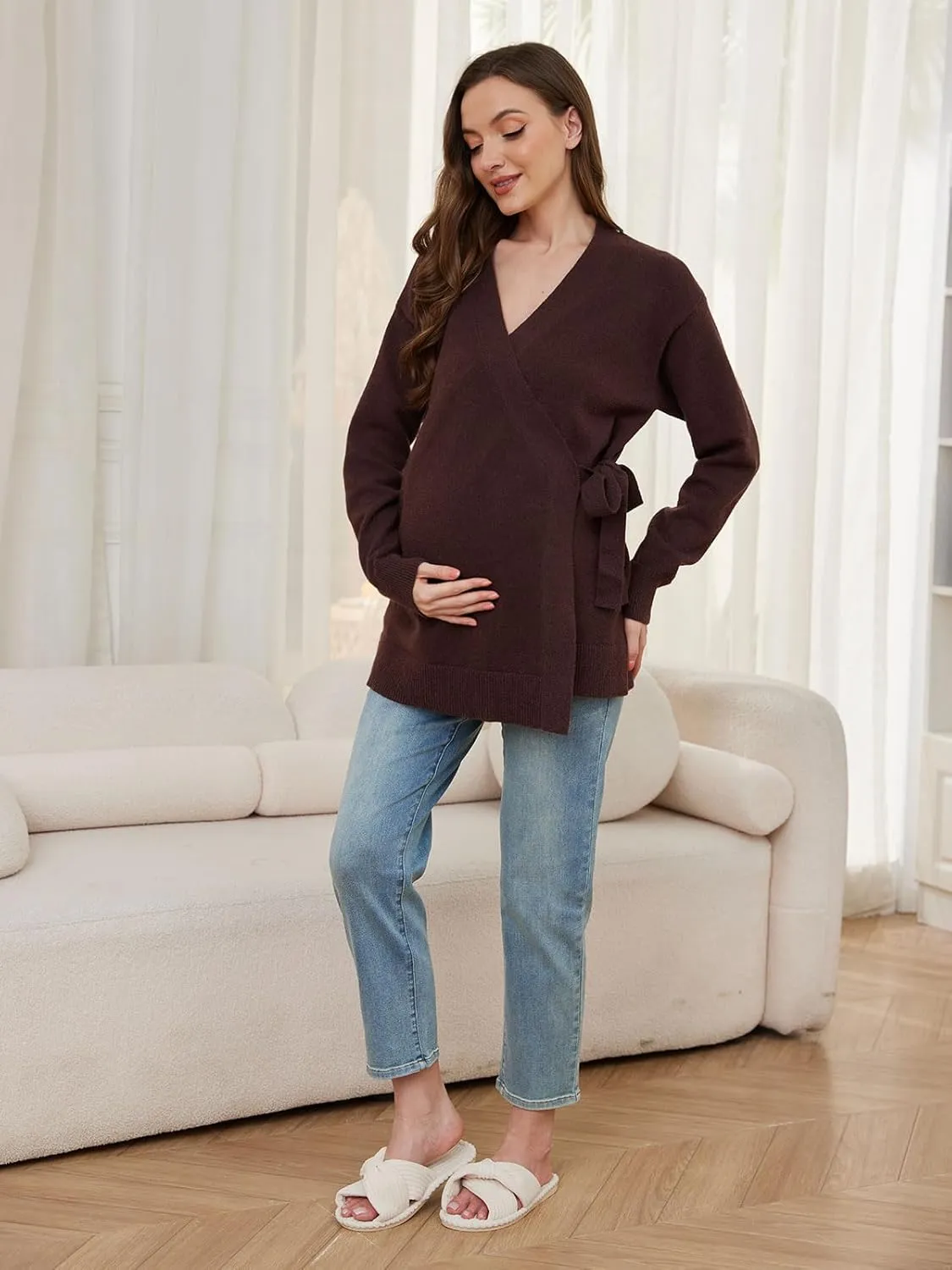 Liu & Qu Women's V-Neck Maternity Sweater Tops Tie Front Wrap Knit Maternity Shirts Pregnancy Clothes