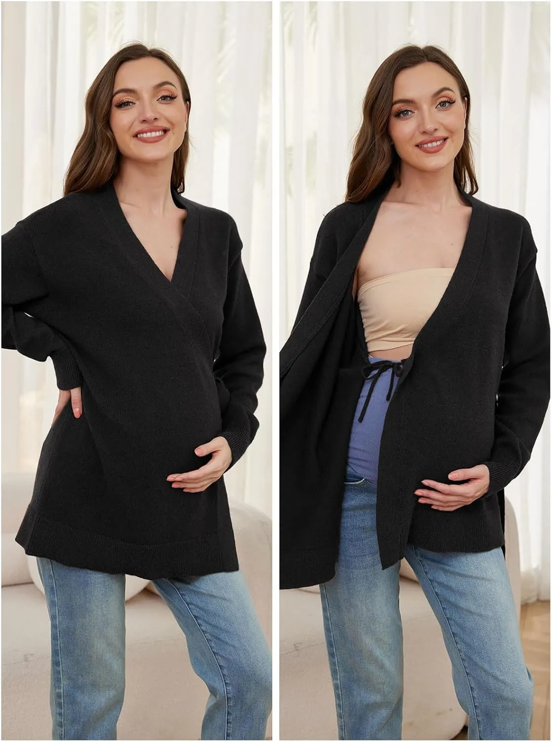 Liu & Qu Women's V-Neck Maternity Sweater Tops Tie Front Wrap Knit Maternity Shirts Pregnancy Clothes