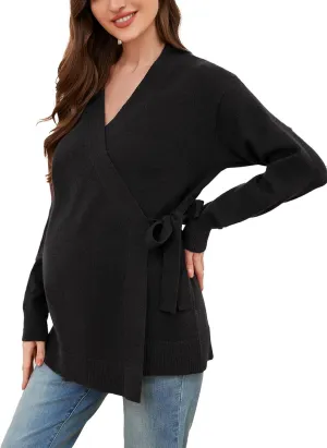Liu & Qu Women's V-Neck Maternity Sweater Tops Tie Front Wrap Knit Maternity Shirts Pregnancy Clothes