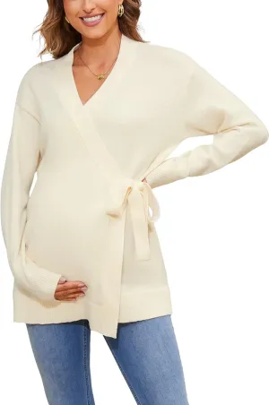 Liu & Qu Women's V-Neck Maternity Sweater Tops Tie Front Wrap Knit Maternity Shirts Pregnancy Clothes