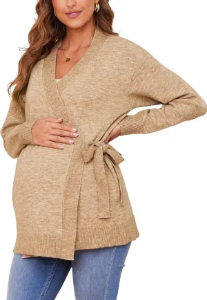Liu & Qu Women's V-Neck Maternity Sweater Tops Tie Front Wrap Knit Maternity Shirts Pregnancy Clothes