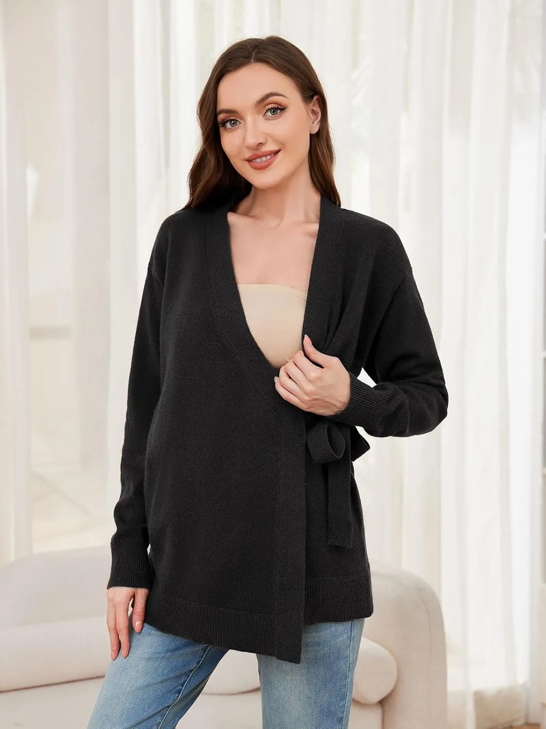 Liu & Qu Women's V-Neck Maternity Sweater Tops Tie Front Wrap Knit Maternity Shirts Pregnancy Clothes