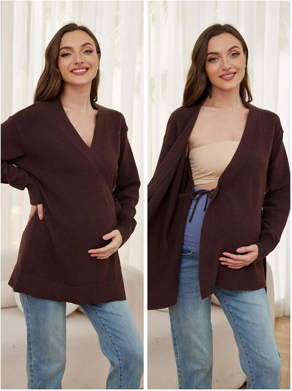 Liu & Qu Women's V-Neck Maternity Sweater Tops Tie Front Wrap Knit Maternity Shirts Pregnancy Clothes