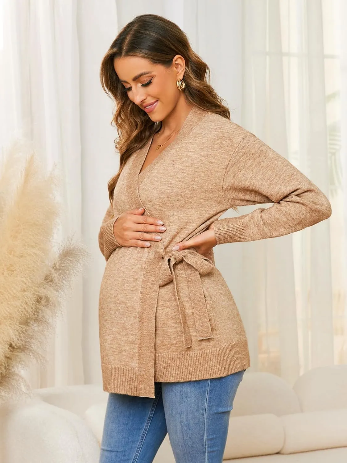 Liu & Qu Women's V-Neck Maternity Sweater Tops Tie Front Wrap Knit Maternity Shirts Pregnancy Clothes