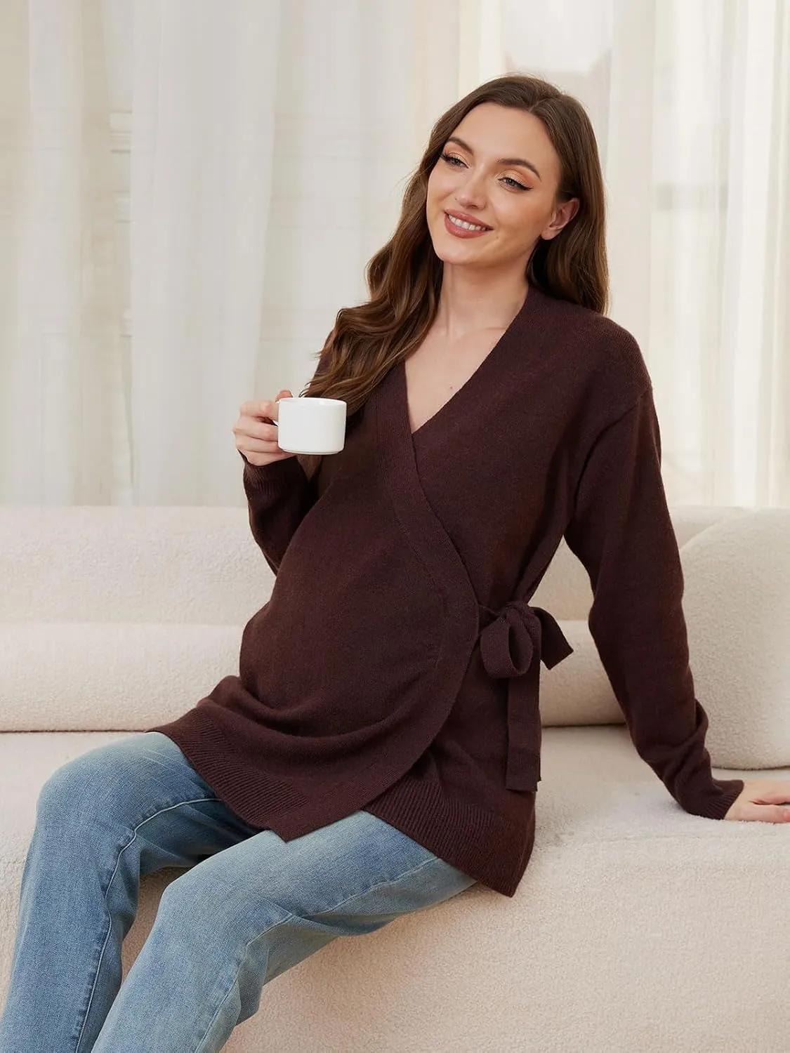 Liu & Qu Women's V-Neck Maternity Sweater Tops Tie Front Wrap Knit Maternity Shirts Pregnancy Clothes